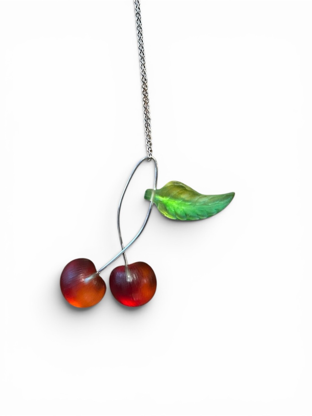 Alexis Bittar Lucite Cherry Pendant Necklace with Green Leaf